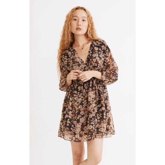 Madewell Long Sleeve Faux Wrap Mini Dress Medium Floral Fall Boho Cottagecore - Picture 2 of 11